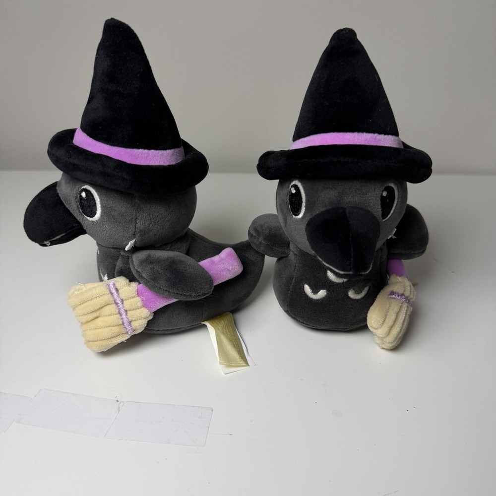 Set Of 2 Halloween Black raven Crow Goth Duck Plush 7"‎ With Witch hat and Broom